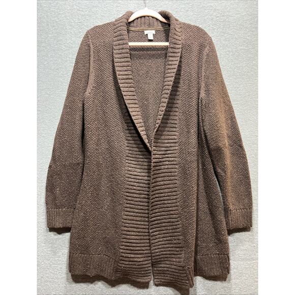L.L. Bean Brown Chunky Knit Open Front Shawl Collar Cardigan Sweater Women Large - Picture 1 of 11